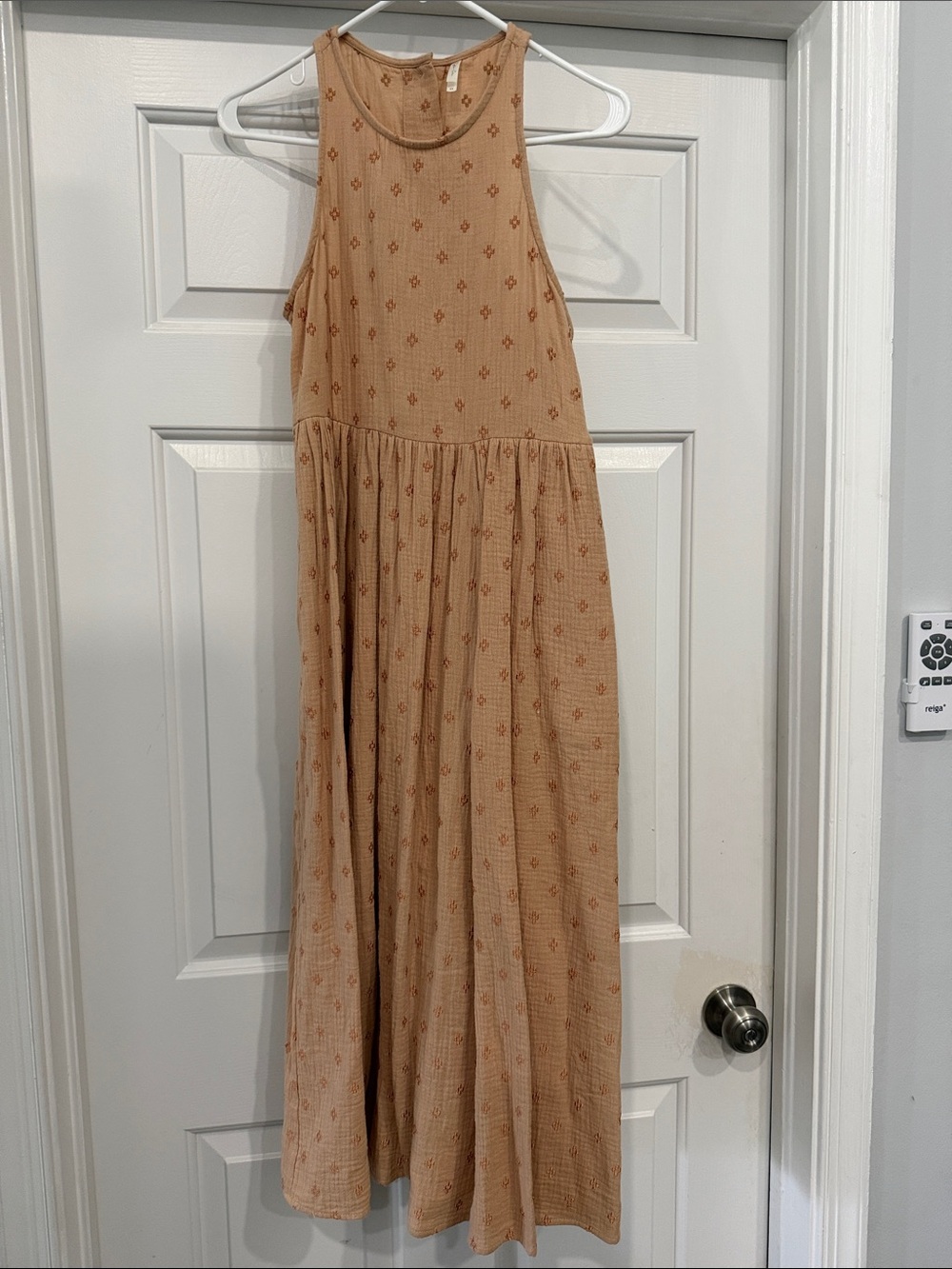 Rylee + Cru Tan Sleeveless Maxi Dress with Small Floral Print